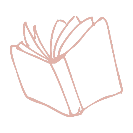 Outline illustration of an open book with pink lines on a black background.