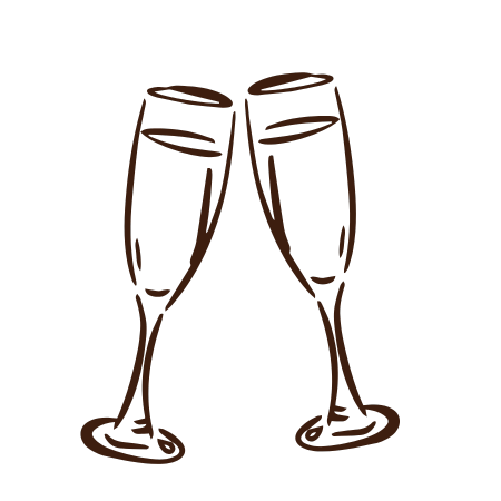 Outline drawing of two champagne glasses clinking together.