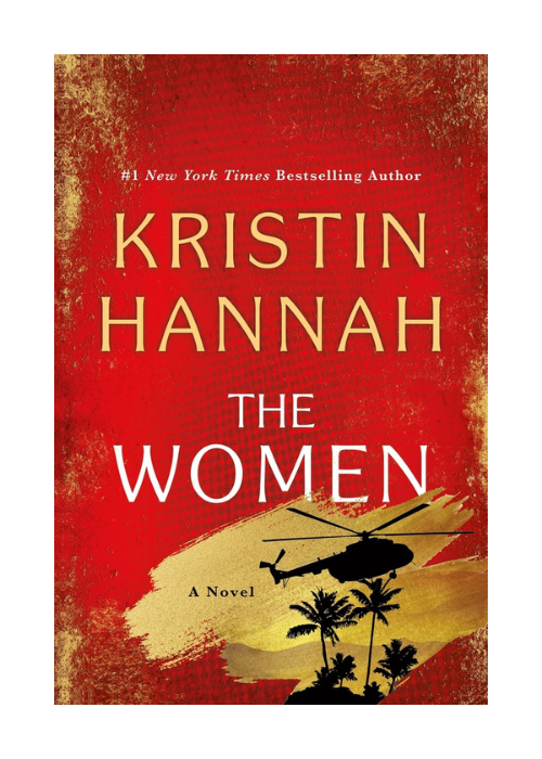 Cover of the book 'The Women' by Kristin Hannah, featuring a red background, a silhouette of a helicopter flying over palm trees, and gold paint strokes.