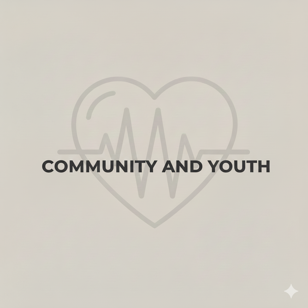 An illustration of a heart with an EKG line inside it. The words "Community and Youth" are written across the heart.