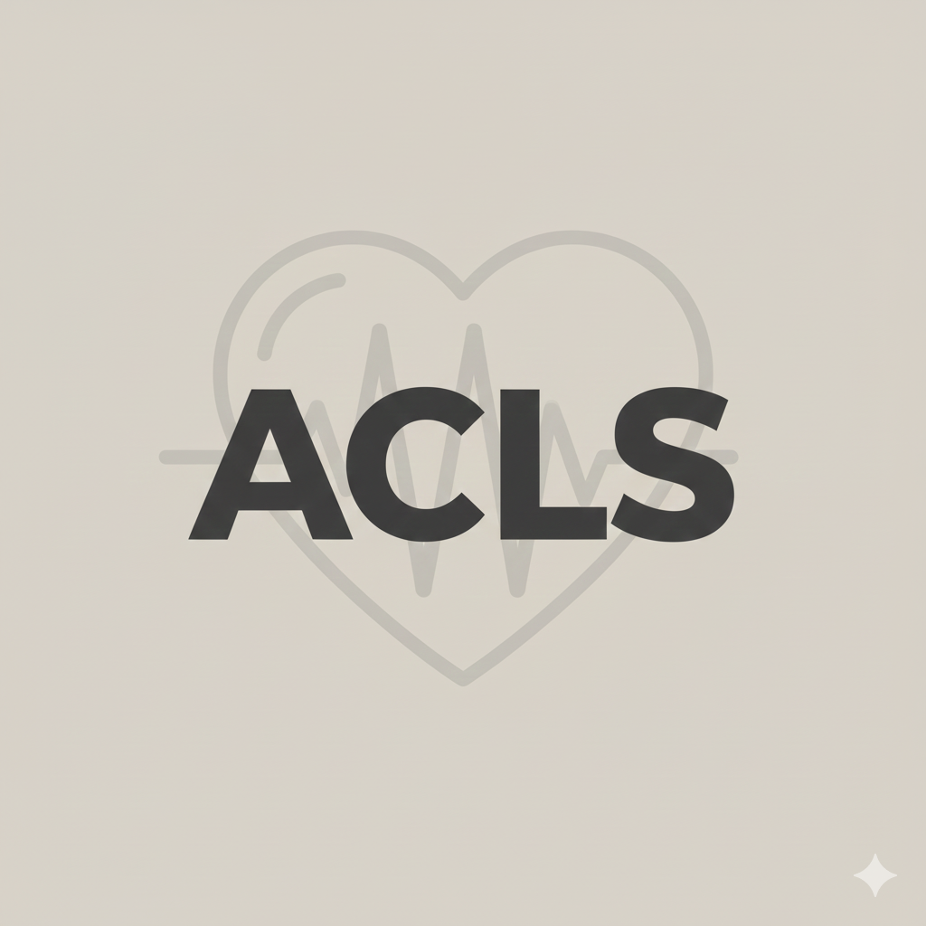 Heart with a heartbeat line and the acronym ACLS in bold black letters