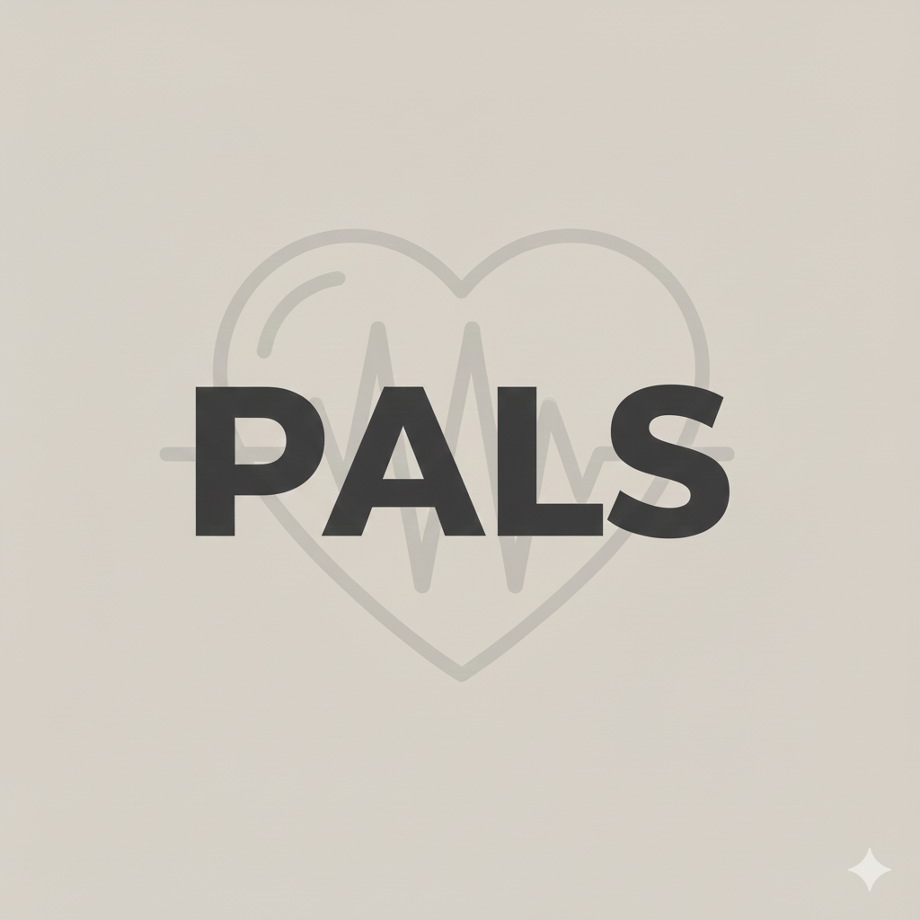 The word "PALS" in bold black letters over a light gray heart with an electrocardiogram line inside it.