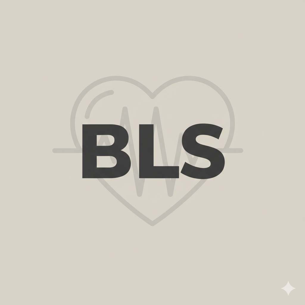 The image features a heart with an electrocardiogram line running through it and the letters 'BLS' in bold black font overlaying the heart.