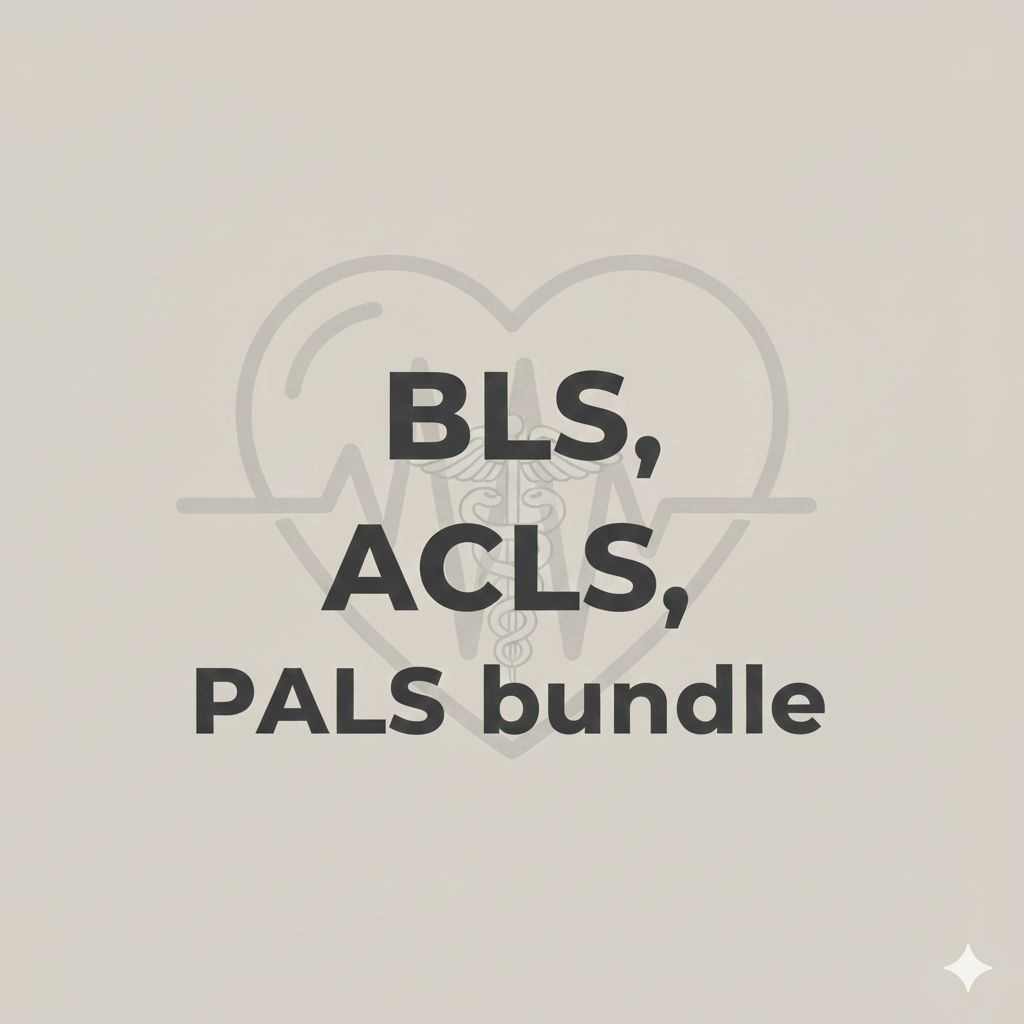 Text on a white background reading "BLS, ACLS, PALS bundle" with a faint medical heart and caduceus symbol behind the text.