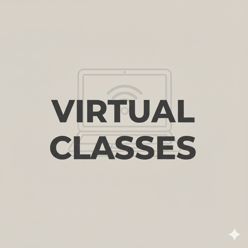 Text reading 'VIRTUAL CLASSES' with an outline of a laptop in the background on a plain light-colored wall.