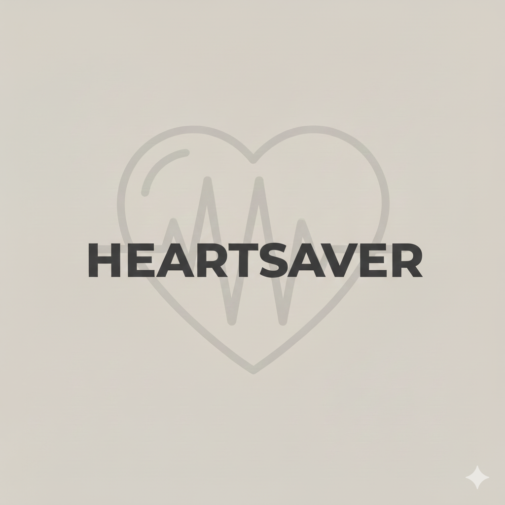 A logo with a heart and an electrocardiogram line inside it, overlayed with the word 'HEARTSAVER' in bold black letters.