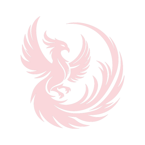 Stylized pink phoenix with wings spread on a black background. To symbolise growth and coming back from the darkness.