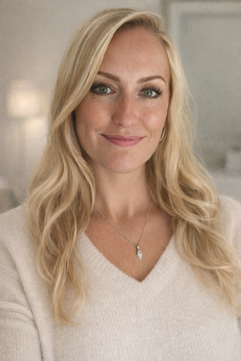 A close-up of a smiling woman with long blonde hair, green eyes, and freckles, wearing a cream-colored V-neck sweater and a silver necklace with a leaf-shaped pendant, in a softly lit room.
