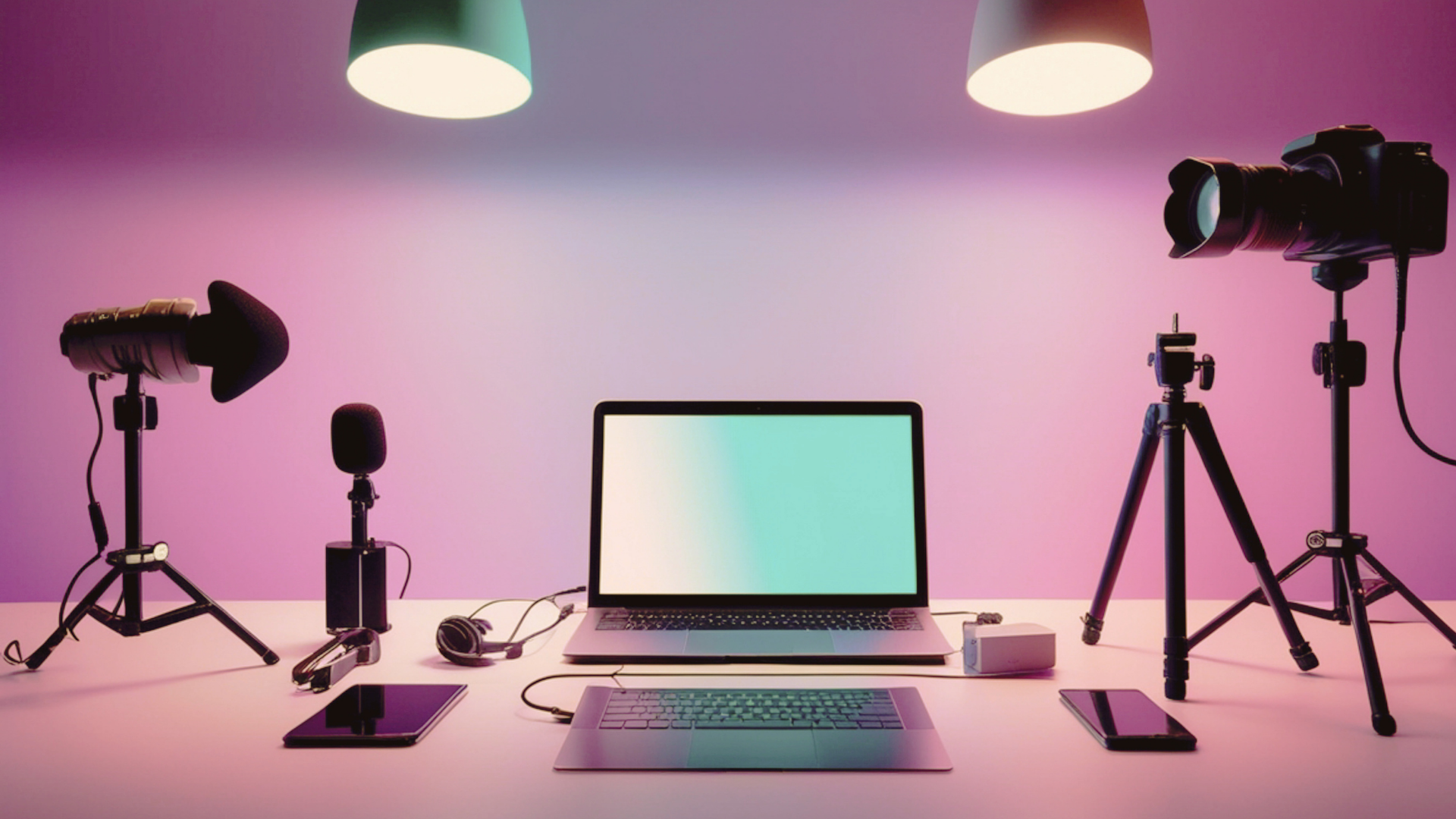 Creator workspace that includes a couple of mics, a camera, lighting and a camera on a tripod