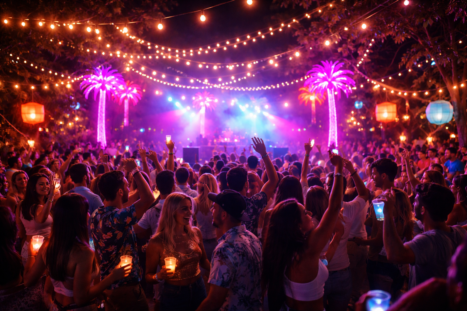 Crowd of people at a nighttime outdoor concert or festival, with colorful lights, string lights, and illuminated palm trees, dancing and enjoying the music.
