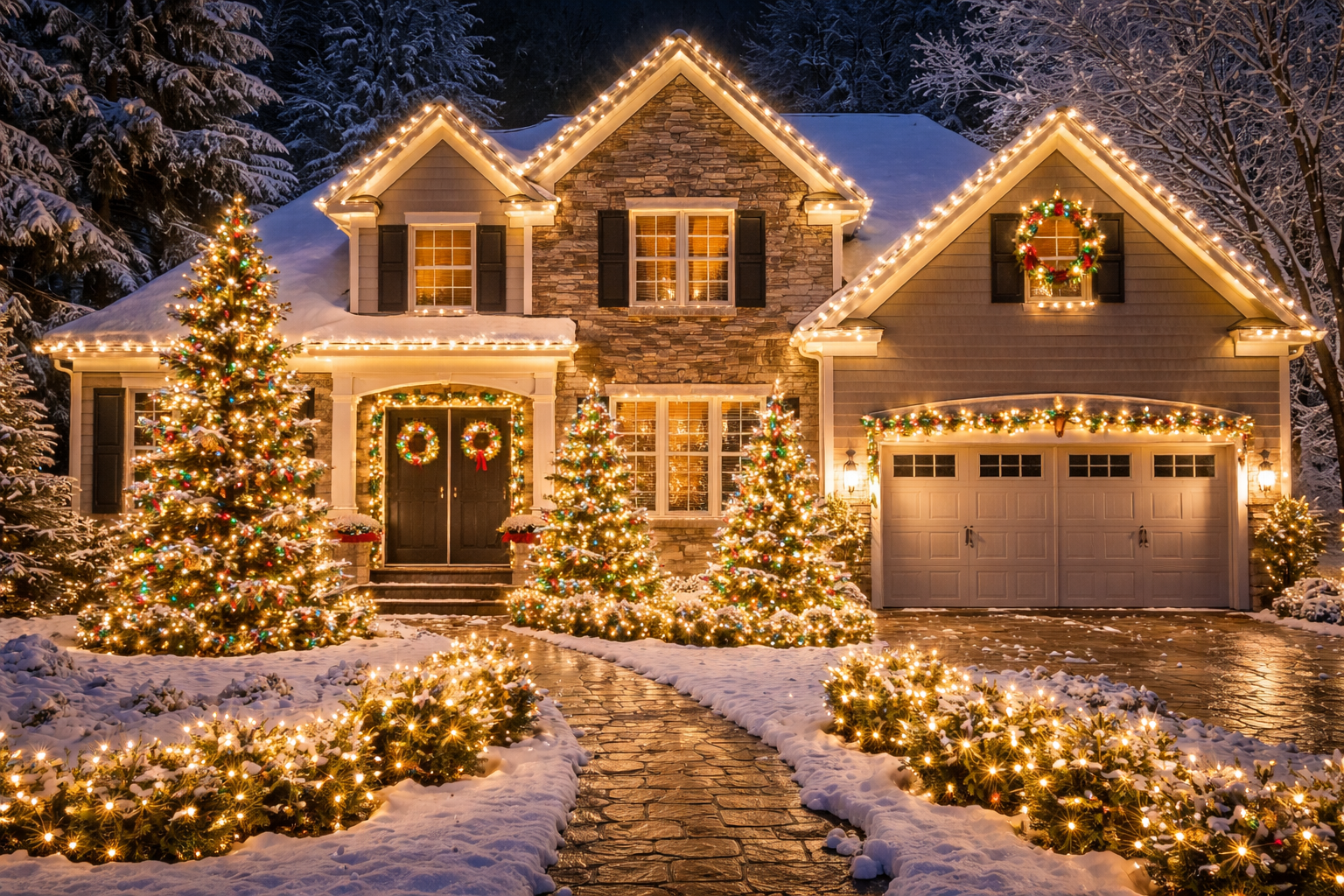 A large house decorated with Christmas lights, wreaths, and Christmas trees in the snow at night.