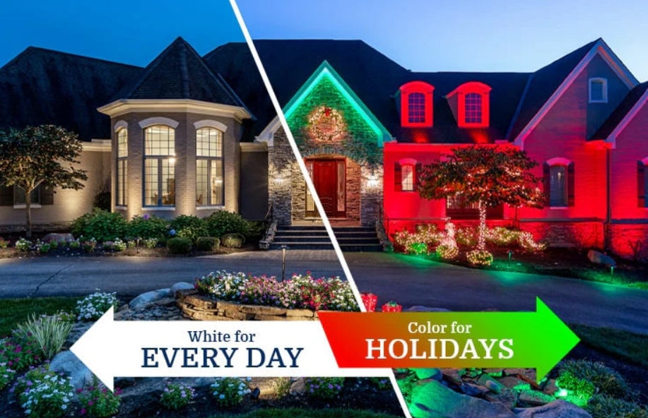 Split image of two houses at night: the left house lit with white lights, with a sign that says 'White for EVERY DAY'; the right house decorated with colorful holiday lights, with a sign that says 'Color for HOLIDAYS'.