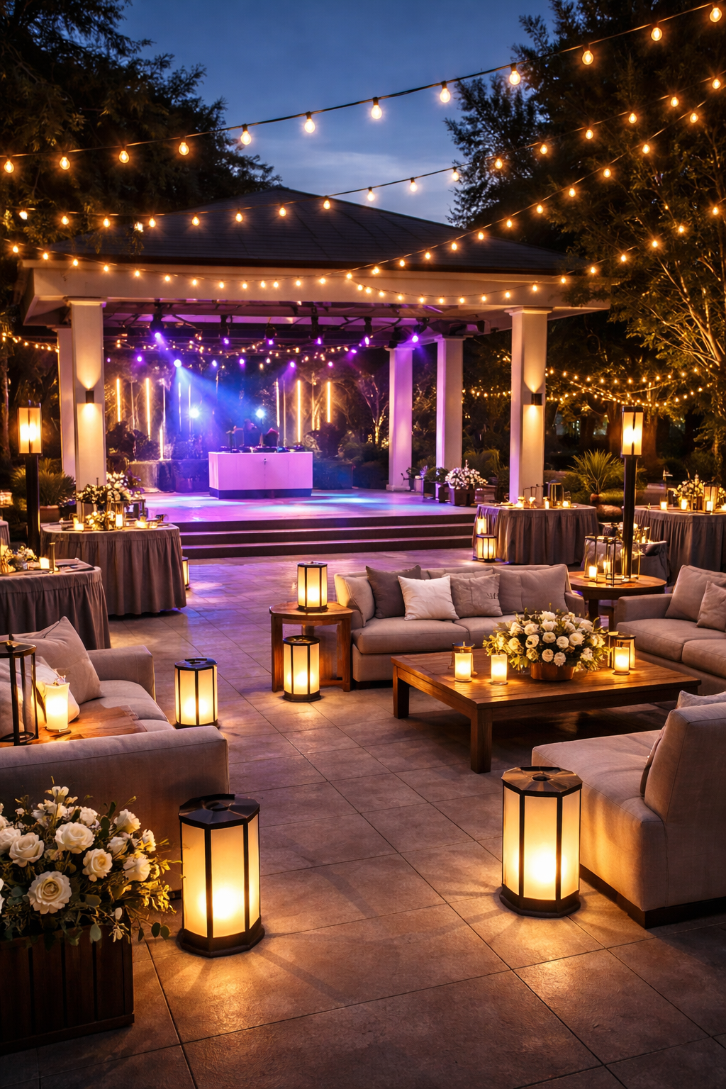 An outdoor evening event with string lights, lanterns, and a stage with purple lighting, set up with sofas, tables with flower arrangements, and ambient lighting for a celebration or party.