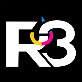 Logotipo con letras R3 en blanco, con un diseño moderno y colorido en el centro, fondo negro.