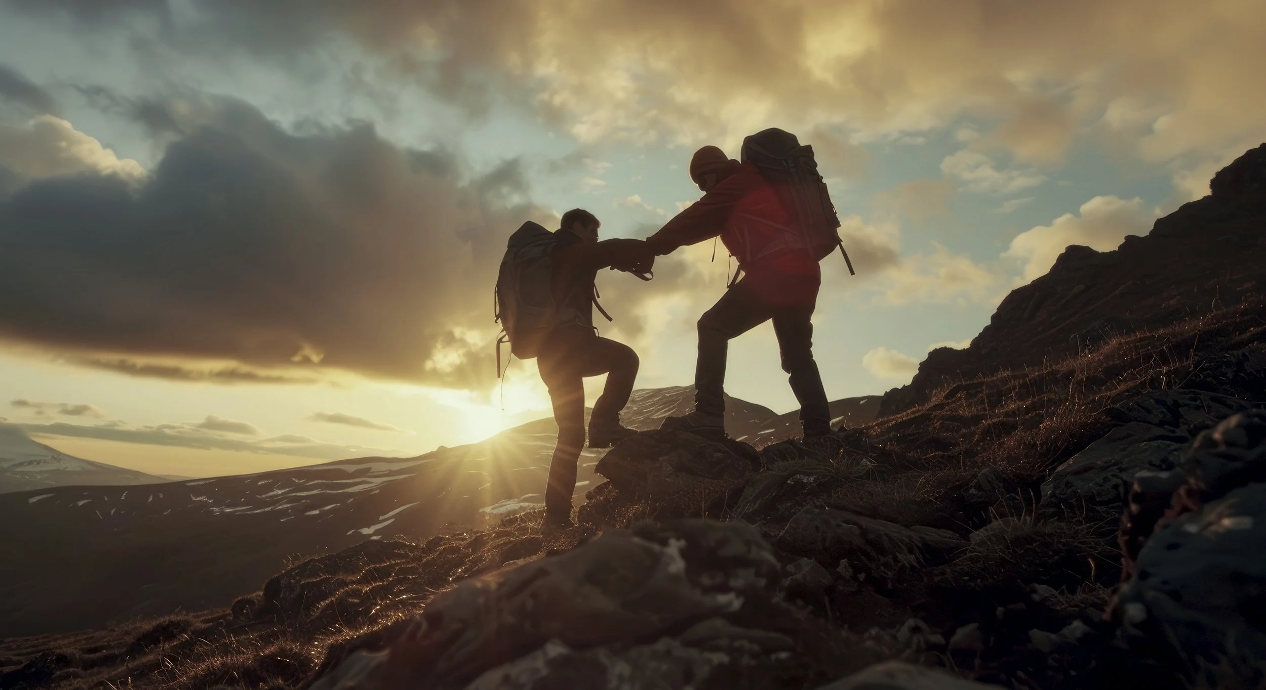 Two hikers helping each other ascend a rocky mountain trail during sunset, with clouds and distant mountains in the background.