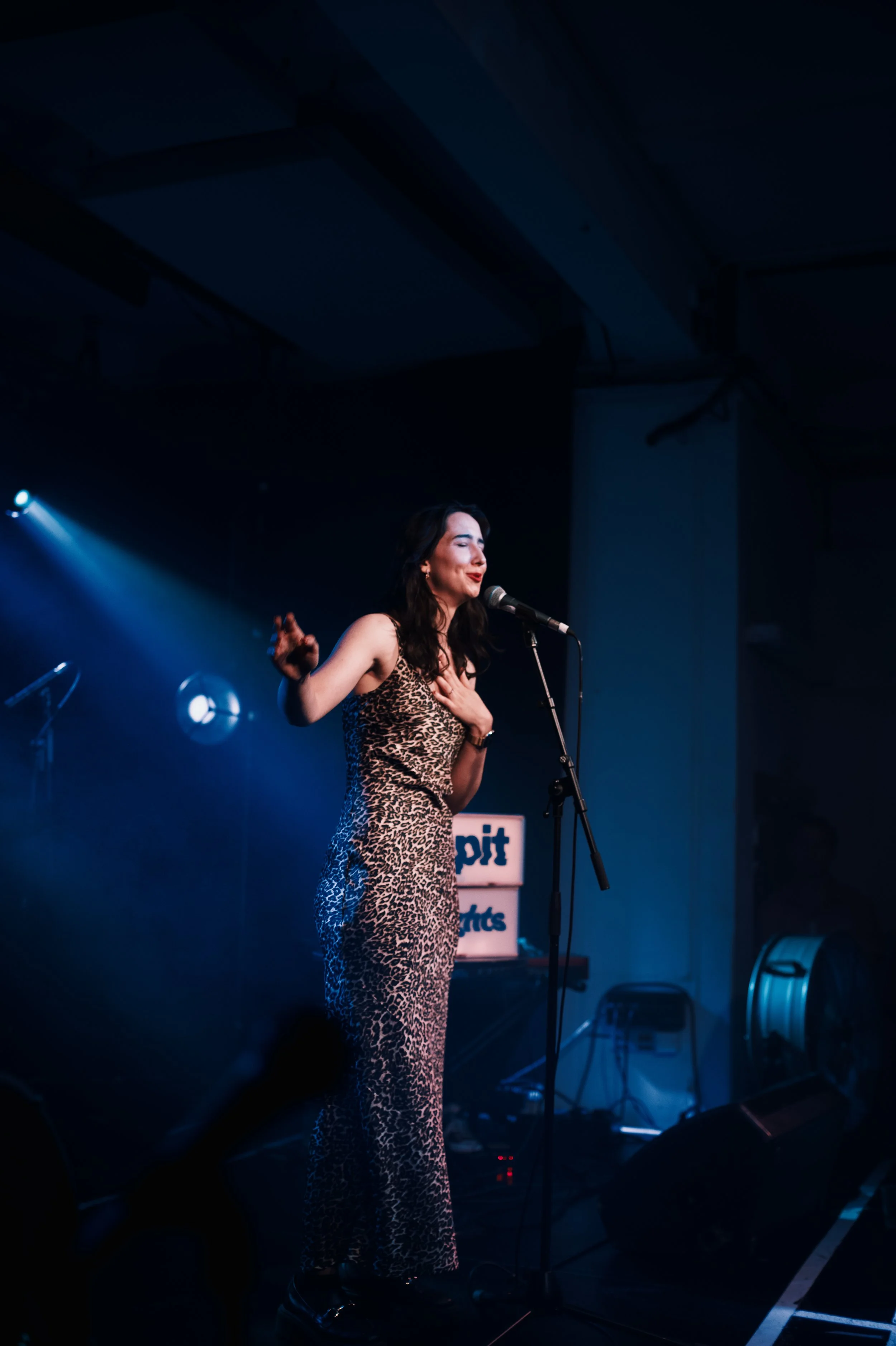 Maxine Meixner in a leopard print dress performing on stage with a microphone on a stage with blue stage lighting.