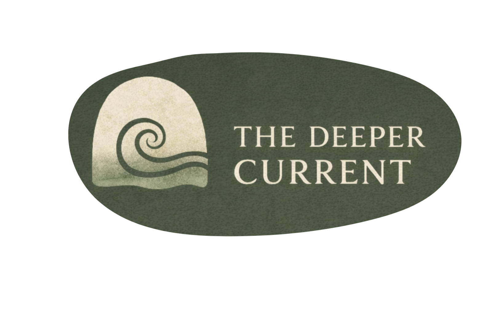 A logo with a stylized wave inside a semi-circle on the left and the text 'THE DEEPER CURRENT' on the right, set against a dark green oval background.