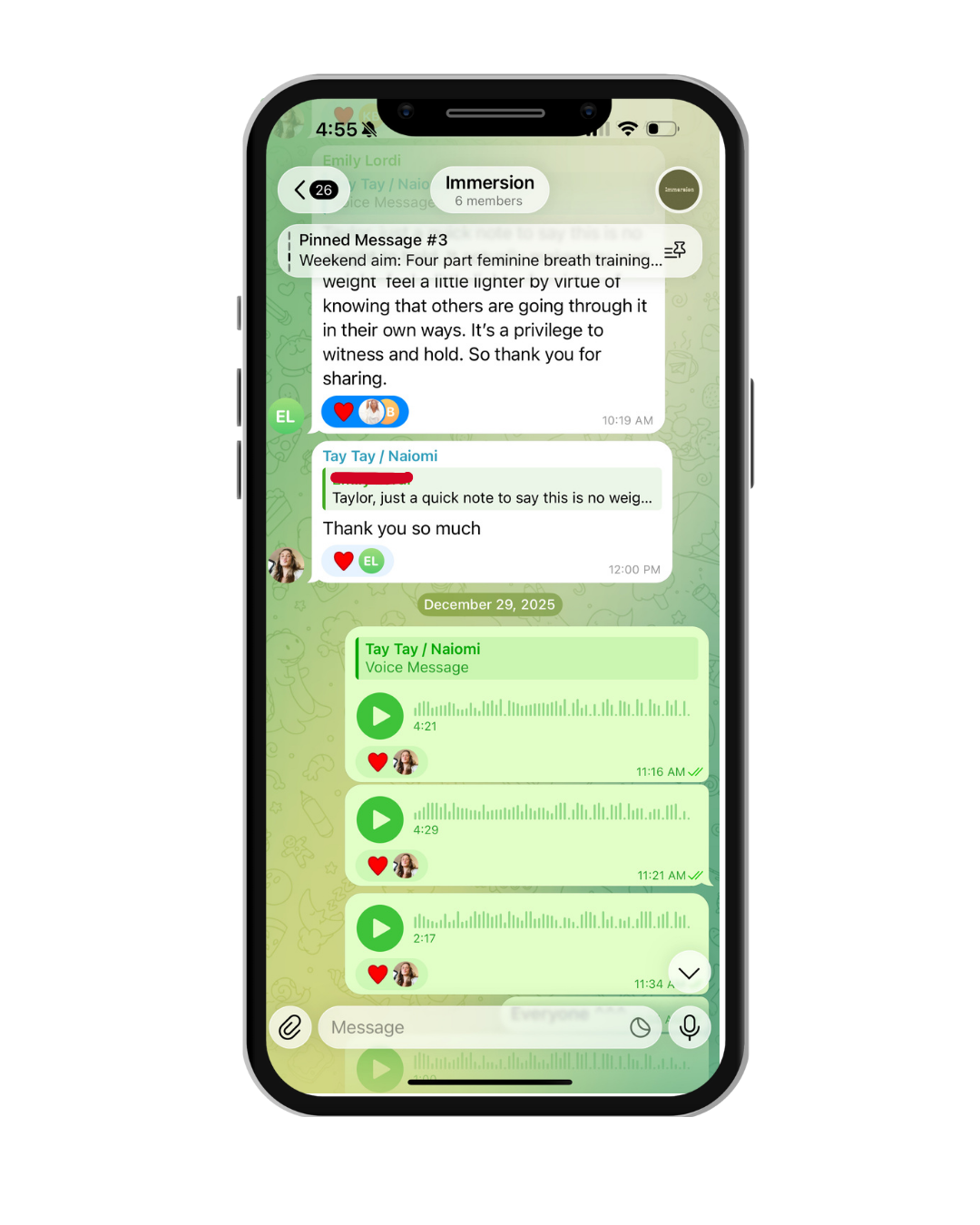 Screenshot of a WhatsApp chat on a smartphone, showing messages, voice recordings, and emojis between members of a group chat.
