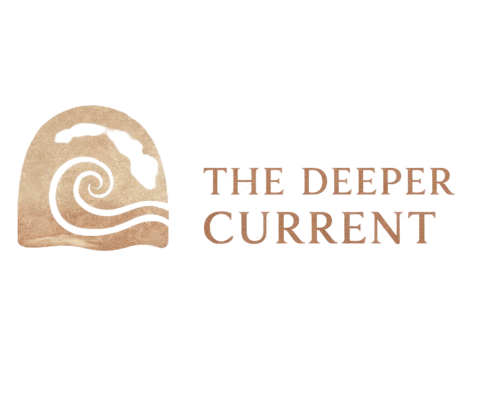 Logo with a textured beige spiral design on the left and the words "The Deepper Current" in stylized text on the right.