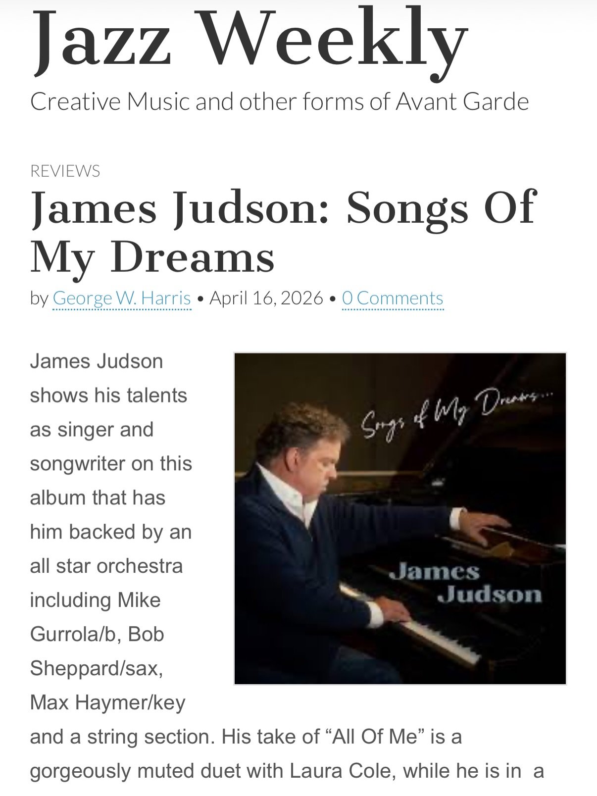 Huge thank you to George W. Harris from Jazz Weekly for the thoughtful and generous review of Songs of My Dreams 🙌✨

It means the world to have this music heard and felt the way it was intended. Truly grateful for the time, the listen, and the kind 