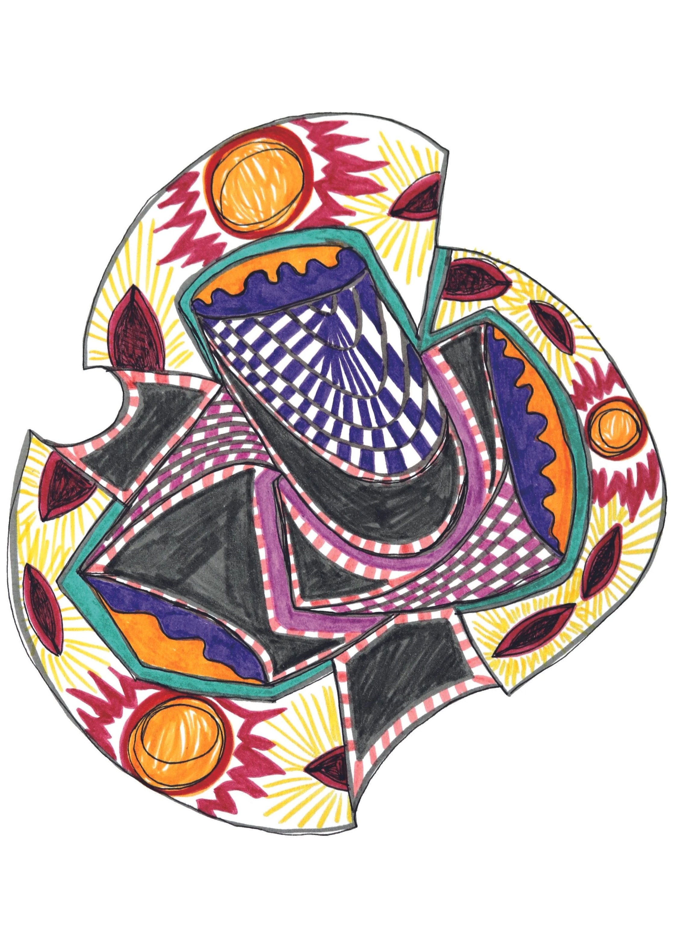 Colorful drawing of a paper fortune teller with various patterns and bright colors including orange, red, yellow, purple, black, and teal, featuring circular, zigzag, and grid designs.
