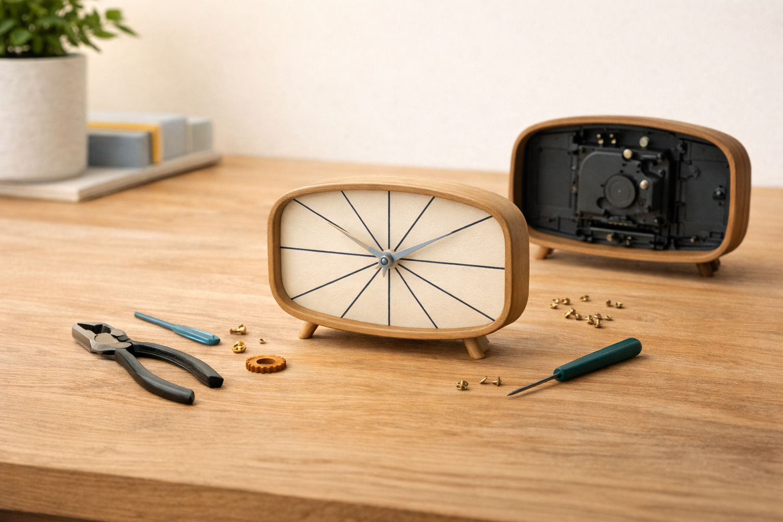 A wooden desk with a disassembled vintage-style clock, screwdriver, pliers, and small screws and parts scattered around. In the background, a potted plant and a bookshelf with books are visible.