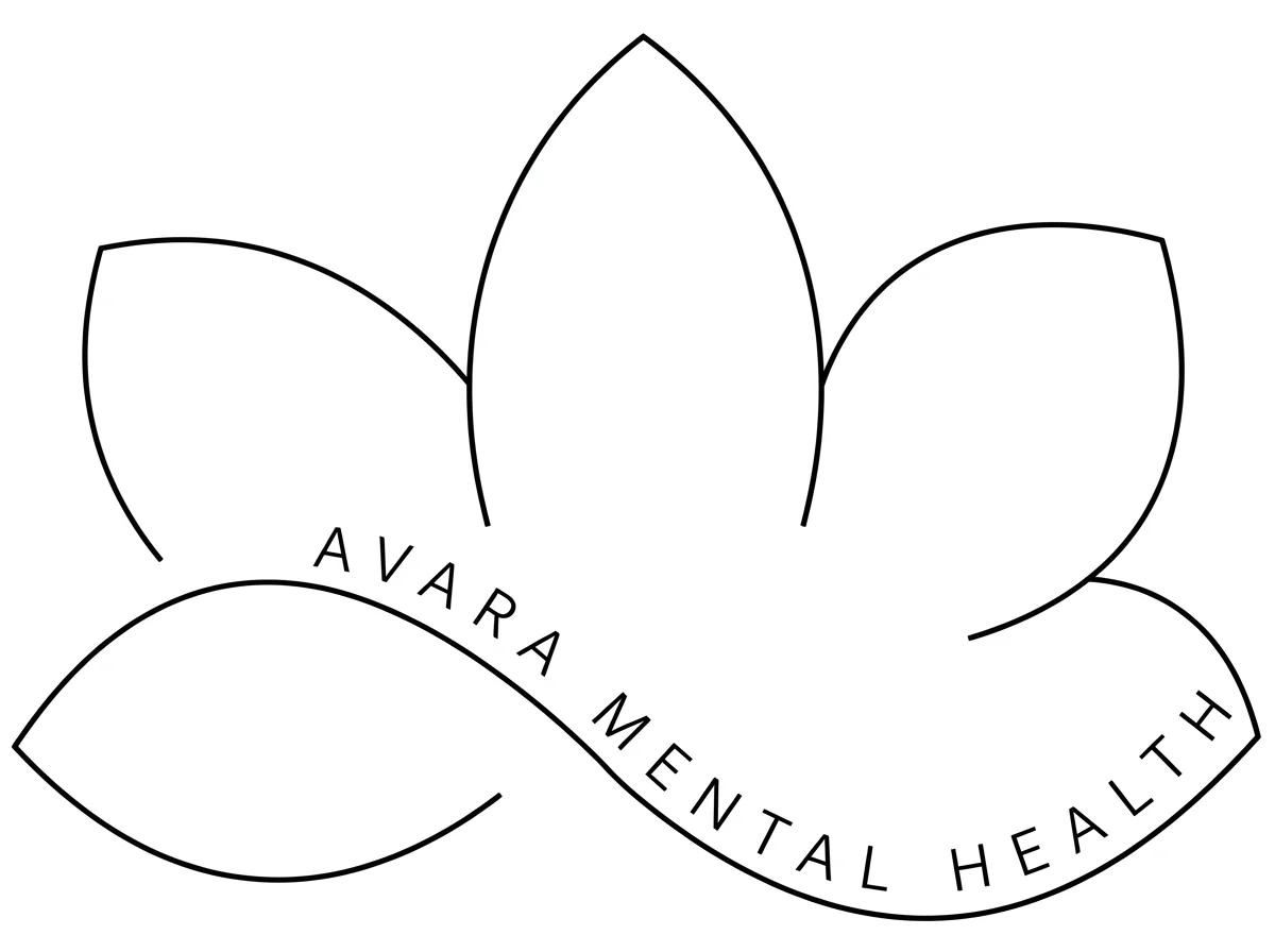 Outline of a flower with a curved band across it that says "AVARA MENTAL HEALTH"