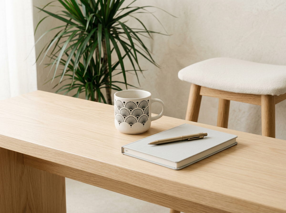 A wooden desk with a white ceramic mug featuring a black fan pattern, a closed notebook, and a gold pen, with a green plant and a white cushioned chair in the background.