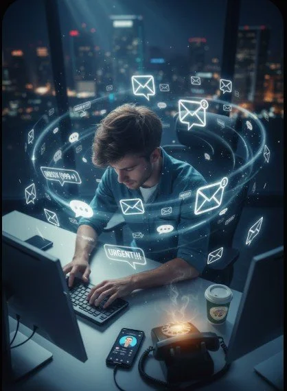A man working at a desk with a computer, surrounded by digital email icons and messages floating around him, with a city skyline visible through the window at night.