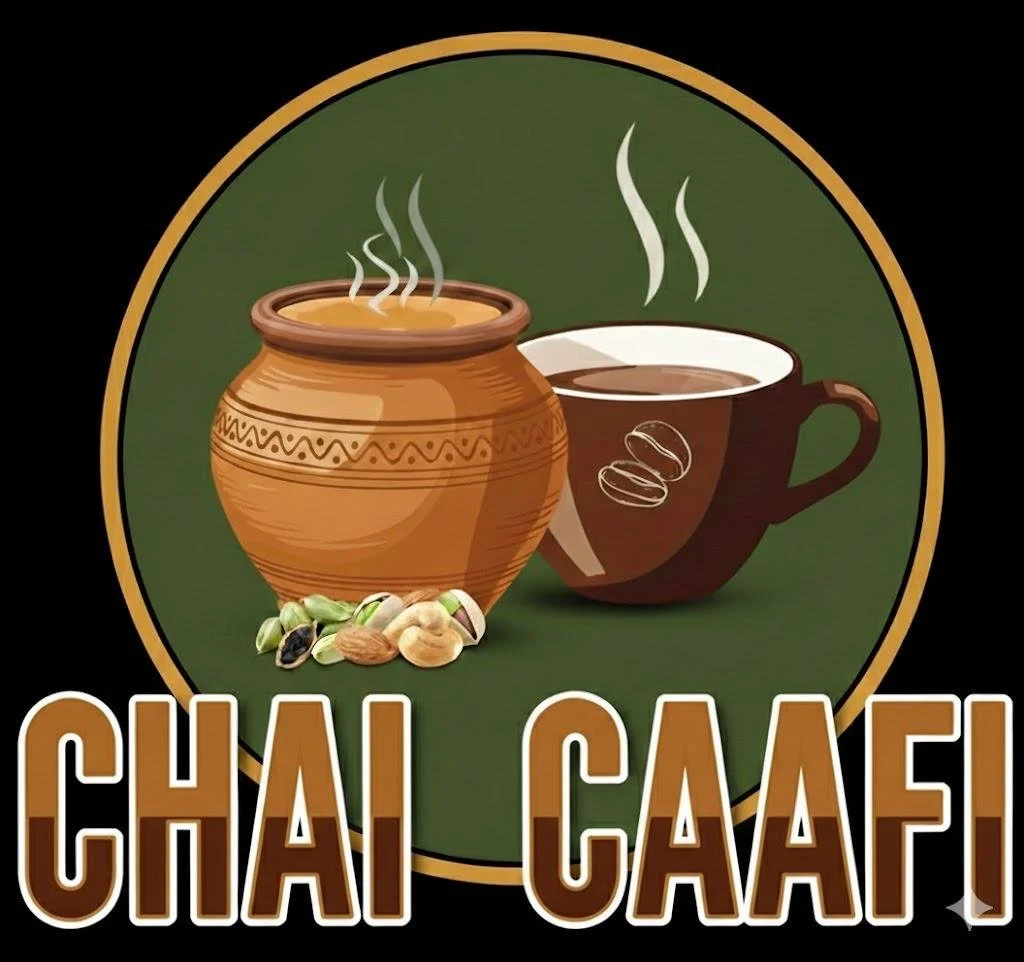 Illustration of a steaming clay pot and a cup of coffee with coffee beans and nuts below, with the text 'Chai Cafi' at the bottom.