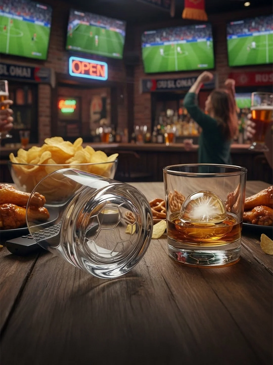 Arc America's new rocks glass with a 3D soccer ball push up design in the bottom of the sham. Setting is a bar with fans watching soccer.