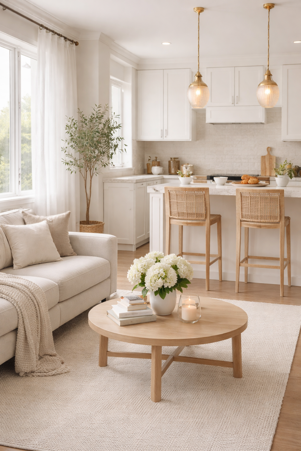 A bright living room with a beige sofa, a round wooden coffee table with white flowers and books, a white area rug, and a kitchen in the background featuring white cabinets, a marble countertop, two wicker barstools, and pendant lights.