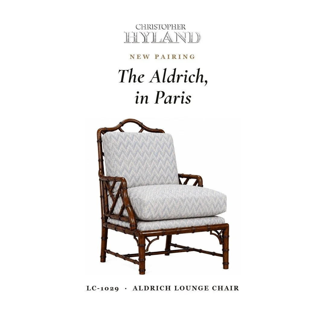 Introducing the Aldrich Lounge Chair, in &ldquo;Paris&rdquo;

A faux-bamboo frame in warm walnut, its Chippendale fretwork newly cushioned in a softly dimensional flame-stitch velvet of blue and ivory. Premium down cushion, a lustrous zig-zag pile th