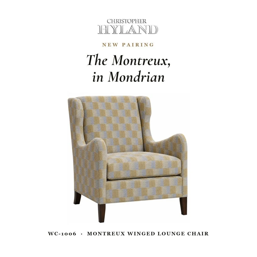 Introducing the Montreux Winged Lounge Chair, in "Mondrian" 🤎

A gently winged frame on tapered legs, newly dressed in a bold checkerboard weave of gold and dove grey. Premium down cushion, a dimensional cut-and-loop pile built for living,