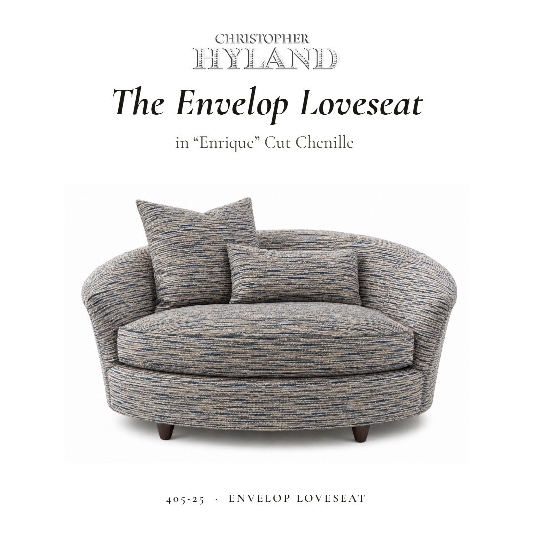 Meet the Envelop Loveseat, newly upholstered in &ldquo;Enrique&rdquo; &mdash; a striated cut chenille that drifts from deep blue through grey to warm creme. A round, enveloping barrel back, a deep spring-down seat, and a plush horizontal ripple with 