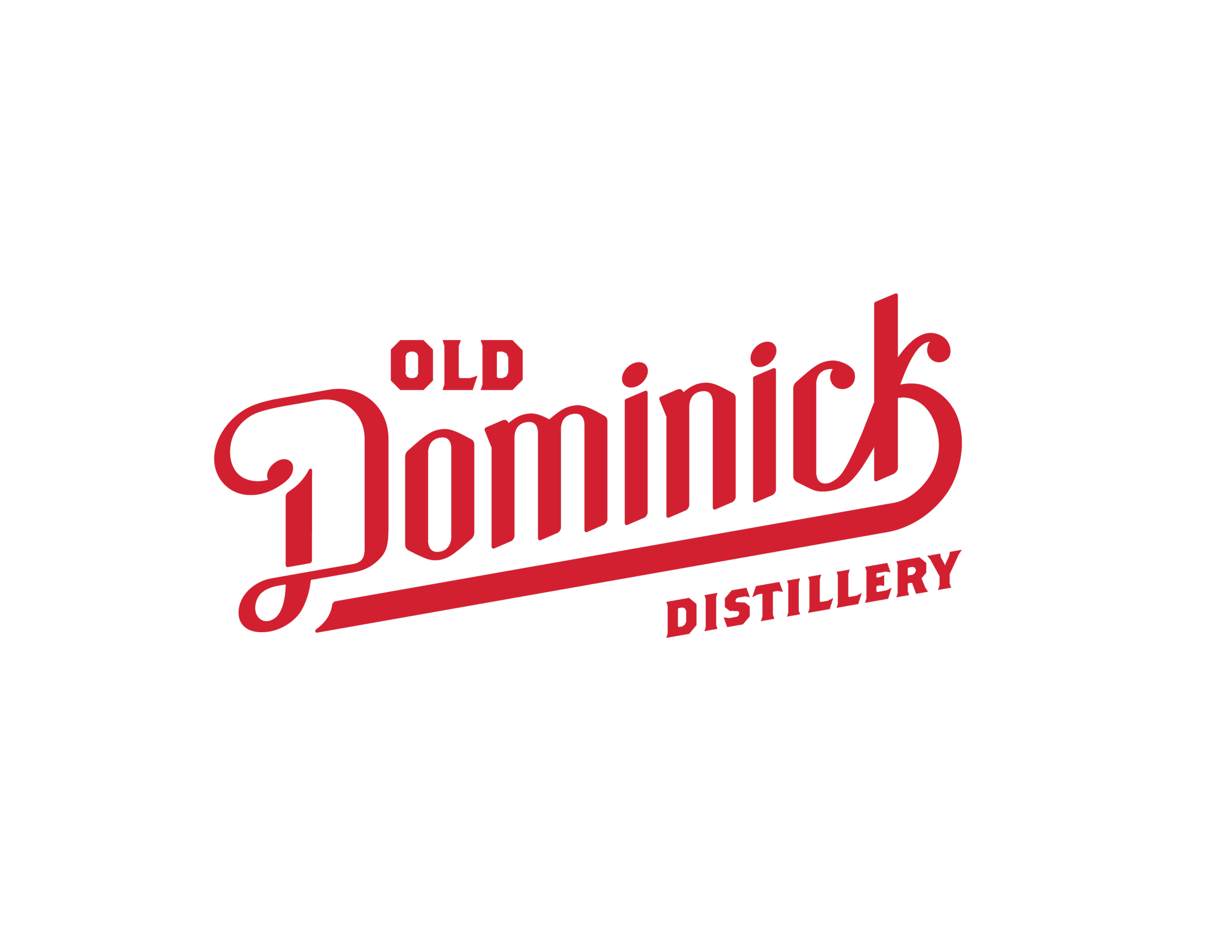 Logo for Old Dominick Distillery with cursive and block red text on a black background.
