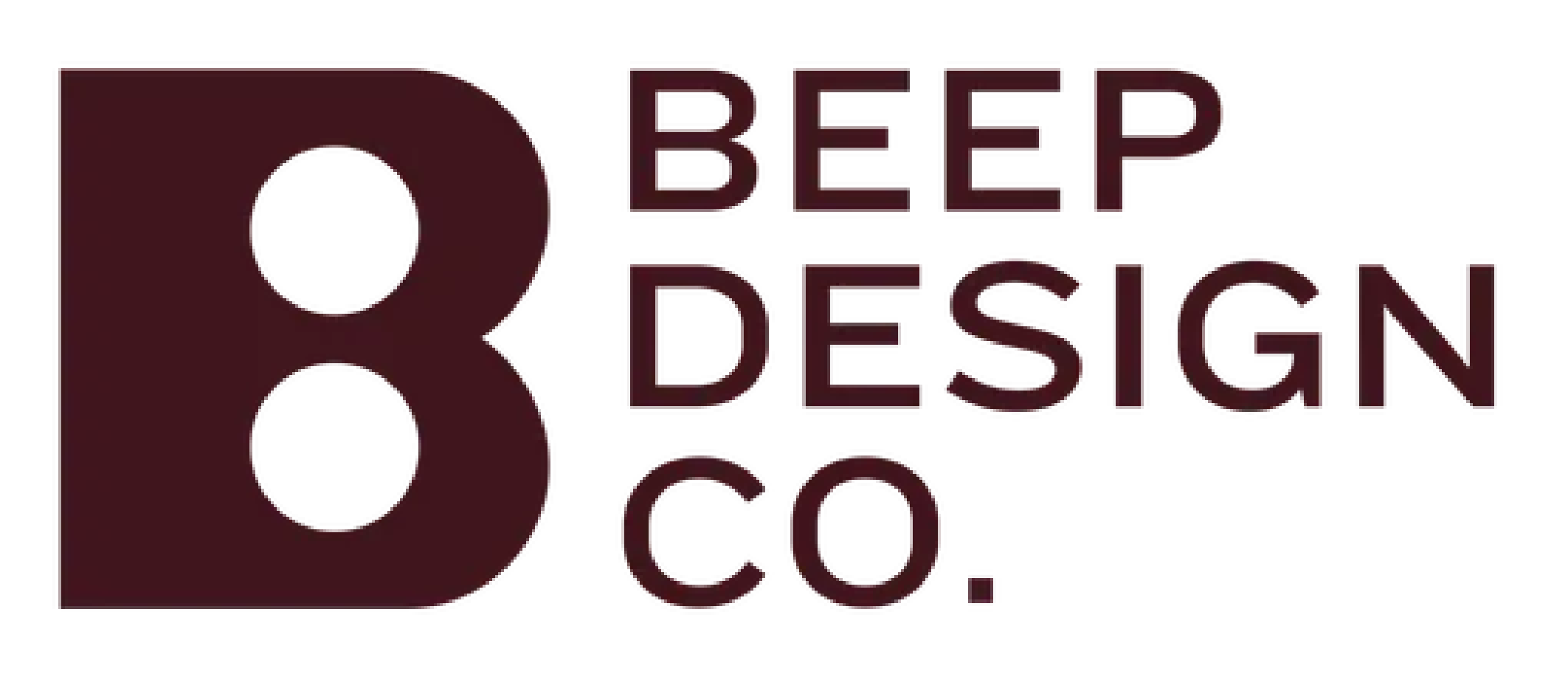 Logo for BEEPER DESIGN CO. featuring a large stylized letter B in dark red with two circular cutouts, accompanied by the company name in matching dark red text.