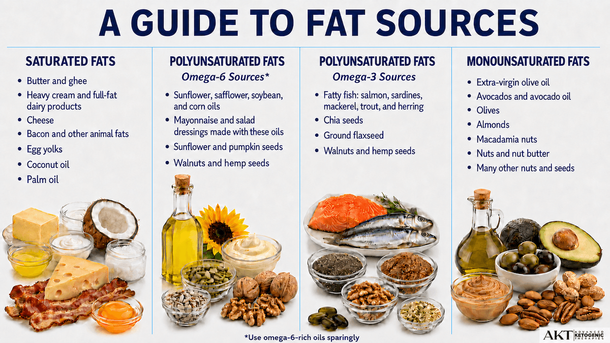 nfographic comparing food sources of saturated, omega-6 polyunsaturated, omega-3 polyunsaturated, and monounsaturated fats, with examples including dairy, oils, fish, seeds, nuts, avocado, and olives.