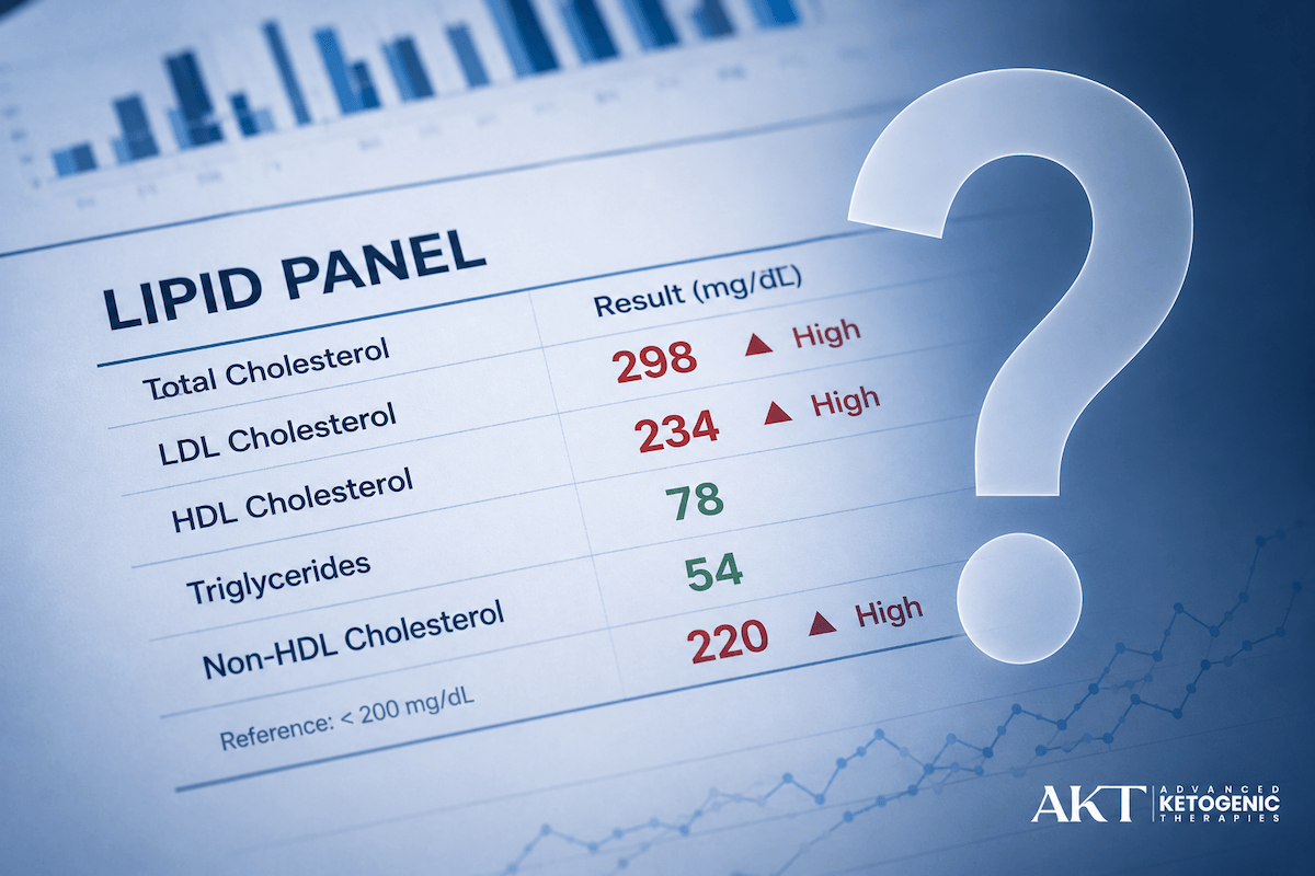 Lipid panel with elevated LDL cholesterol and a question mark, illustrating the debate around cholesterol and cardiovascular risk on ketogenic diets.