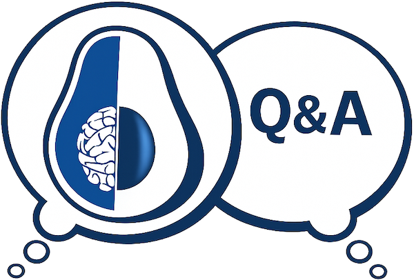 Two speech bubbles. One with an avocado and the other with Q&A.