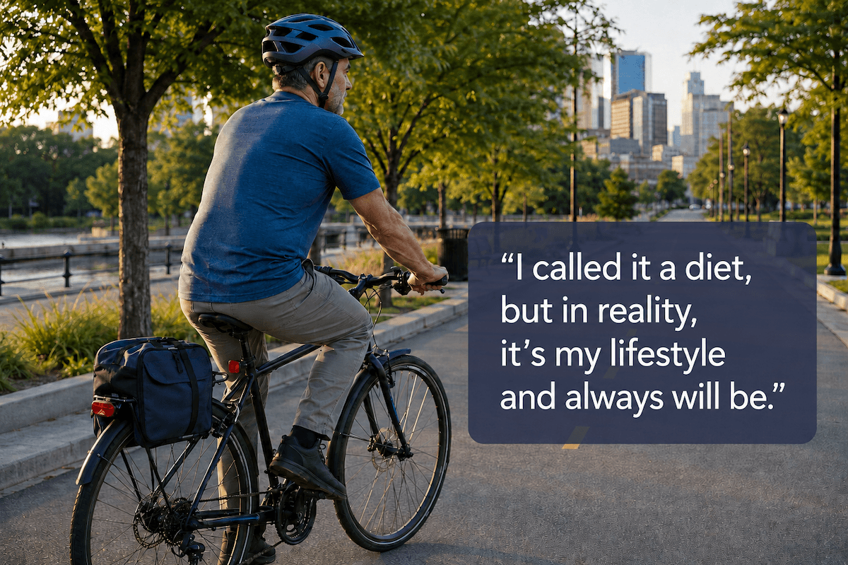 Jim rides a bicycle along a tree-lined path toward a city skyline. An overlaid quote reads, “I called it a diet, but in reality, it’s my lifestyle and always will be.”