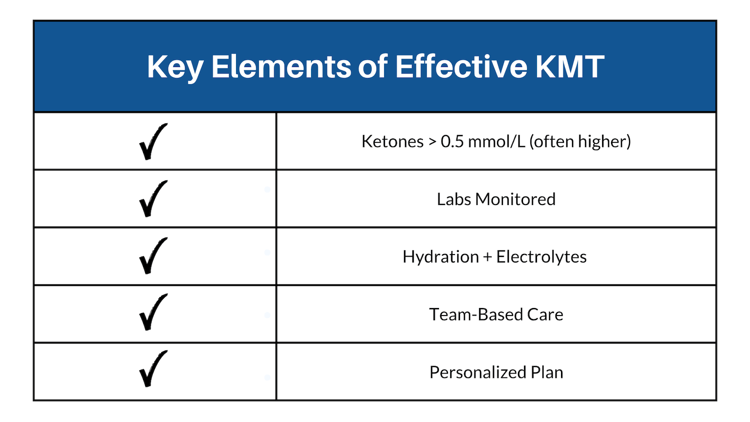Graphic titled ‘Key Elements of Effective Ketogenic Therapy’ showing a checklist of core components including ketone levels, lab monitoring, hydration, team-based care, and individualized planning.