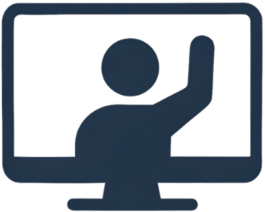 Icon - person in front of computer with arm raised.
