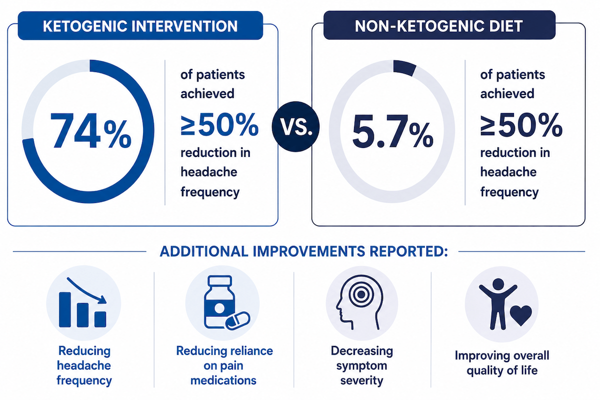 Infographic comparing ketogenic versus non-ketogenic diets for headache/migraine management, showing 74% of patients on a ketogenic intervention achieved at least a 50% reduction in headache frequency compared to 5.7% on a non-ketogenic diet.