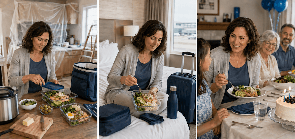 An AKT client adapts ketogenic meal planning to real life by preparing meals during a kitchen renovation, eating in a hotel room, and enjoying a keto meal at a family birthday celebration.