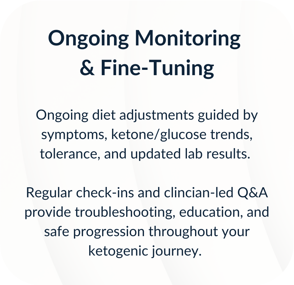 Ongoing Monitoring & Fine-Tuning. Ongoing diet adjustments guided by symptoms, ketone/glucose trends, tolerance, and updated lab results. Regular check-ins and clinician led Q&A provide troubleshooting, education, and safe progression.