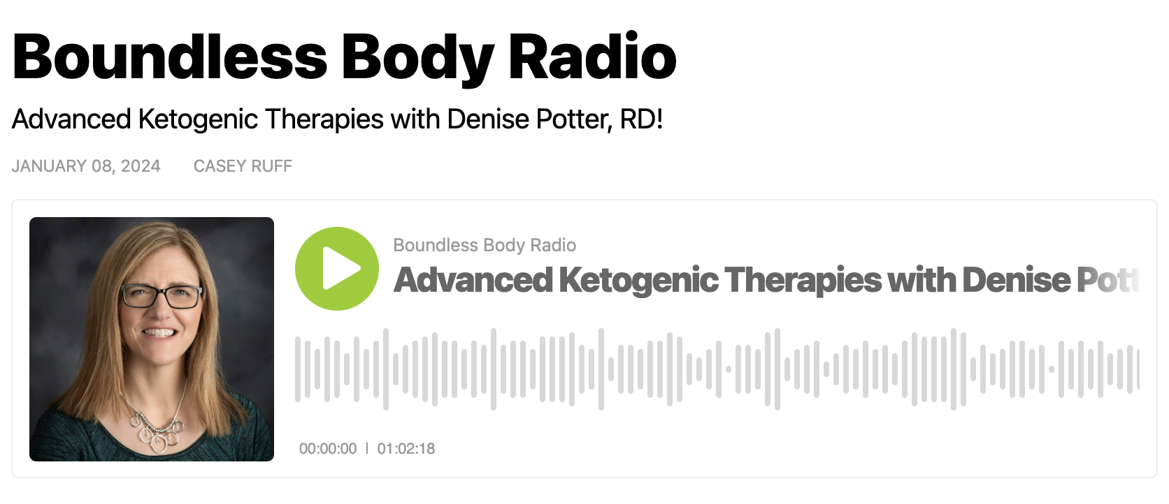 Boundless Body Radio. Advanced Ketogenic Therapies with Denise Potter, RD! January 8, 2024, Casey Ruff.