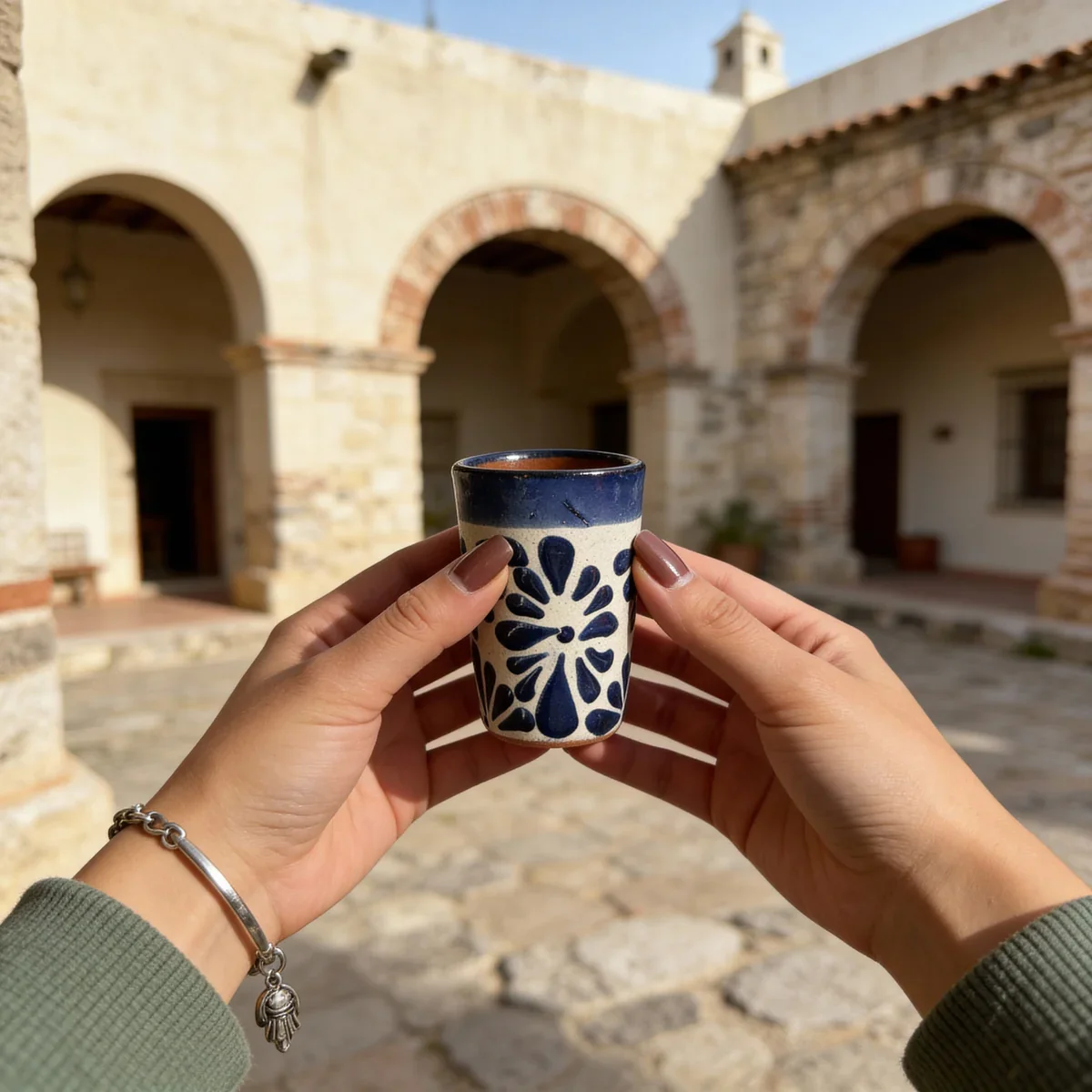 Two hands holding a ceramic cup with a blue floral design, raised in front of an old stone courtyard with arches and a small tower on a sunny day.