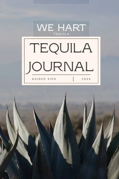 Close-up of agave plants with a cloudy sky in the background, featuring an overlay of text that reads 'We Hart Tequila, Tequila Journal, Guided Sips, 2026.'