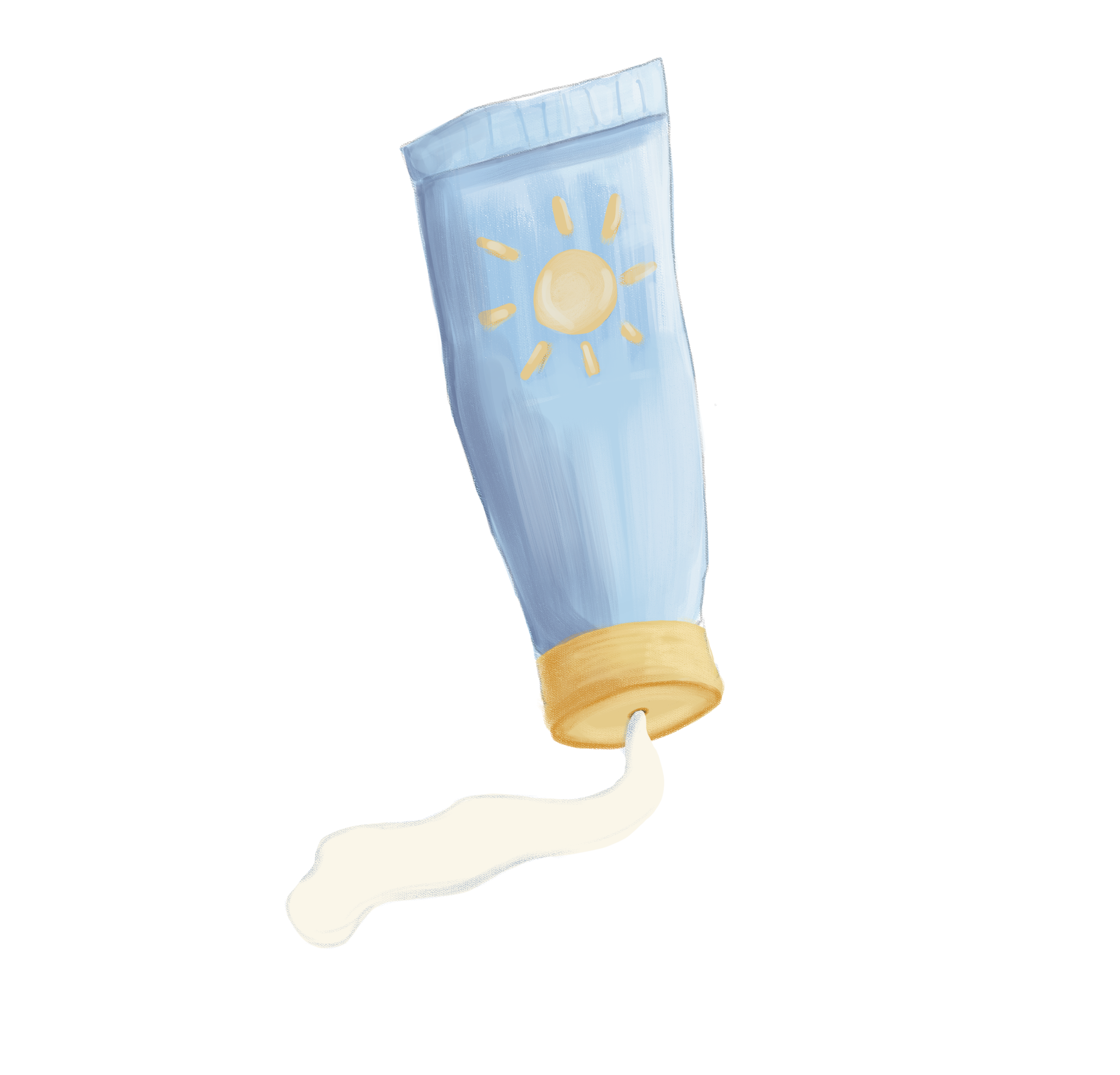 Illustration einer Tube Creme mit Sonnen-Logo auf grüner Verpackung, geöffnet und mit Creme aufgetragen